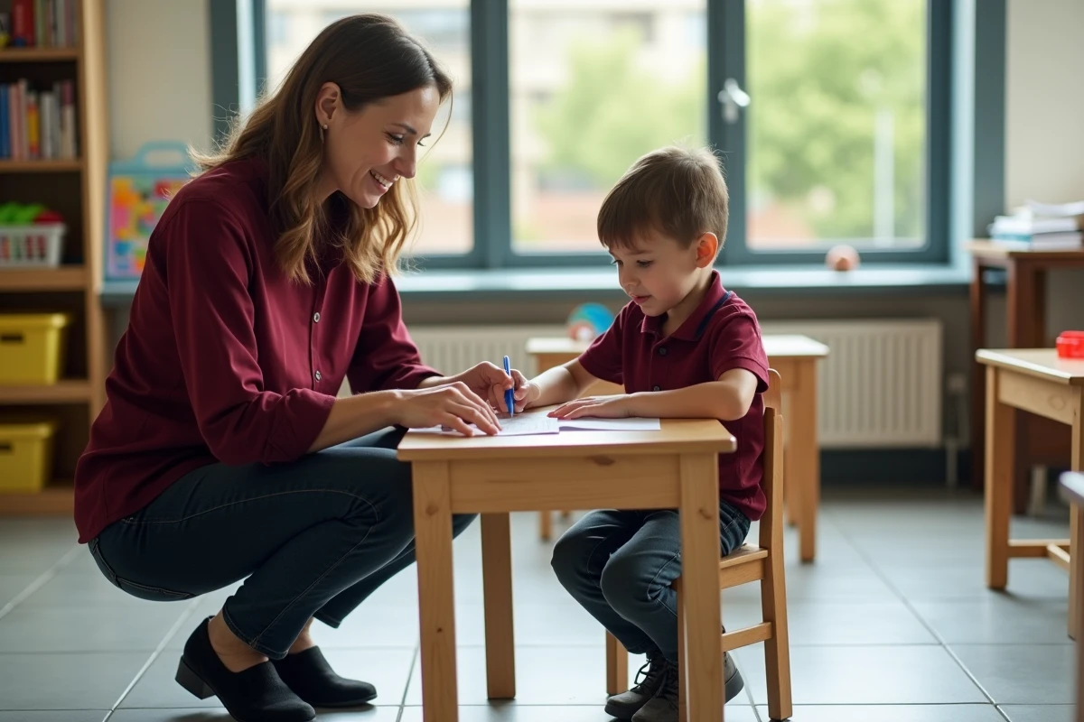 Enseignante de primaire accompagnant individuellement un élève lors d'une activité pédagogique, illustration du rôle d'accompagnement dans les fonctions des enseignants du premier degré