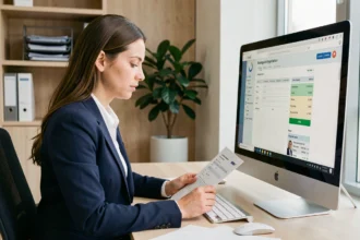 Administratrice consultant la plateforme numérique de gestion des examens et concours sur un ordinateur de bureau dans un bureau organisé