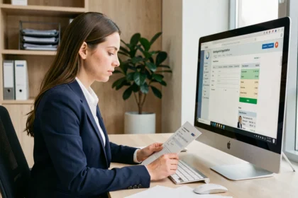 Administratrice consultant la plateforme numérique de gestion des examens et concours sur un ordinateur de bureau dans un bureau organisé