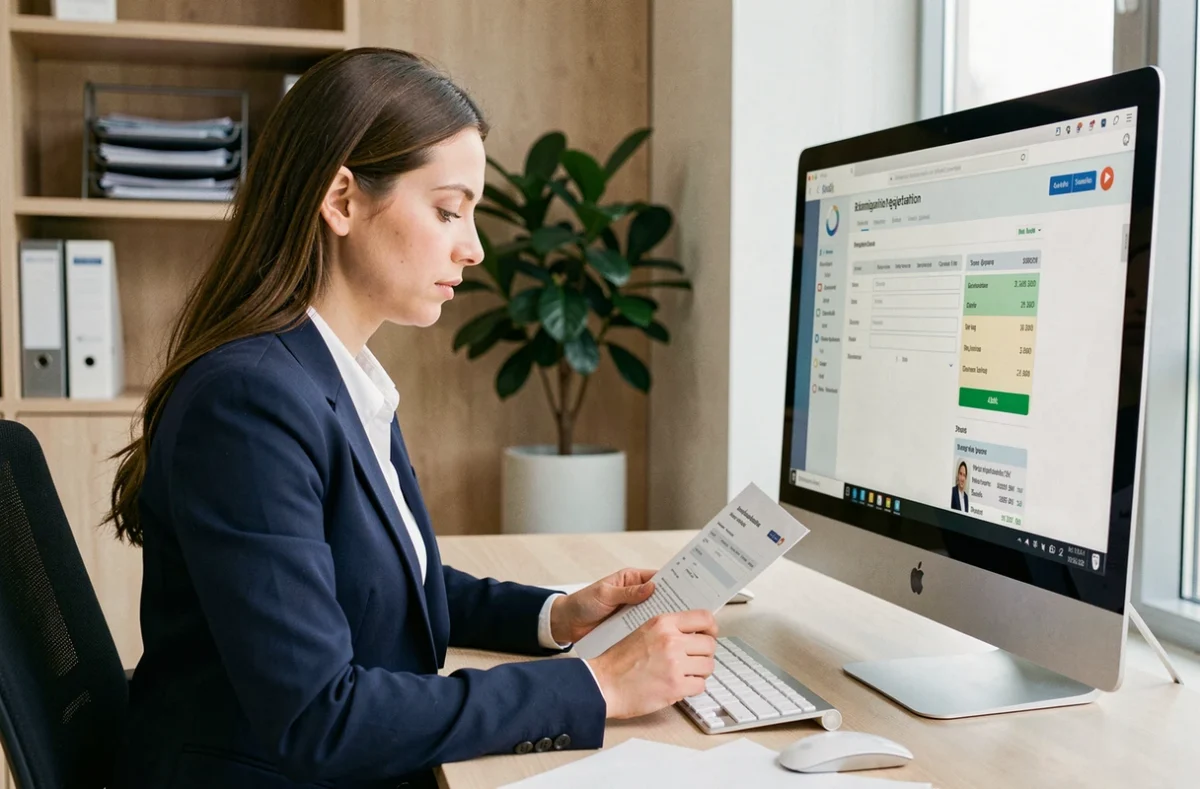 Administratrice consultant la plateforme numérique de gestion des examens et concours sur un ordinateur de bureau dans un bureau organisé
