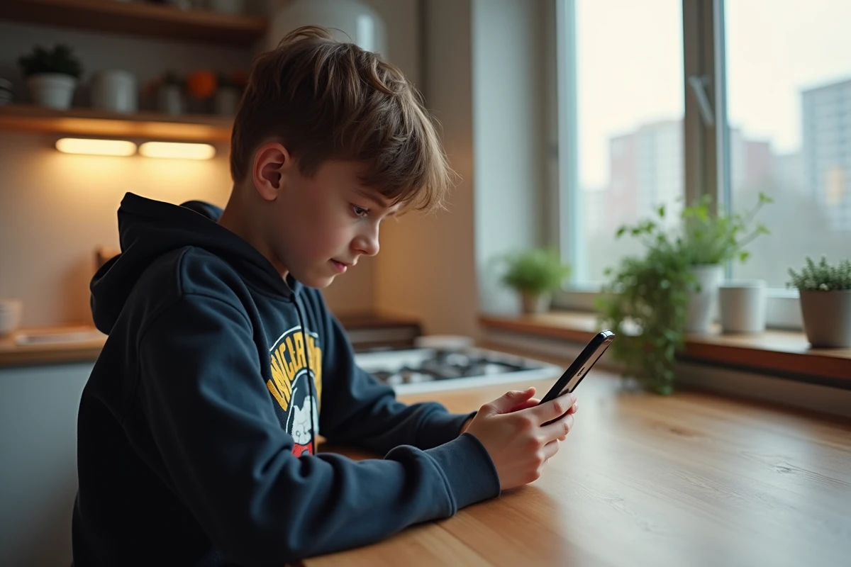 Adolescent concentré à éditer une photo sur son smartphone dans la cuisine