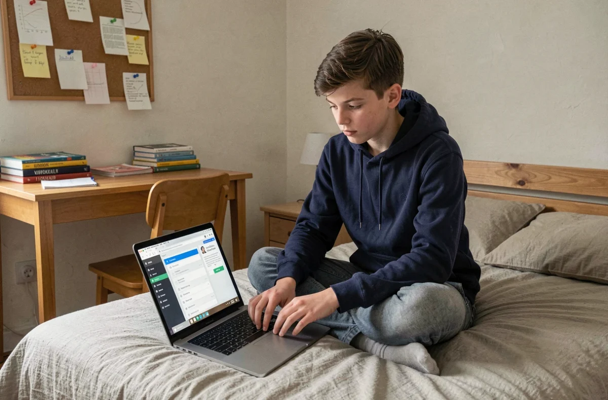 Adolescent accédant à l'ENT Auvergne depuis sa chambre avec un ordinateur portable