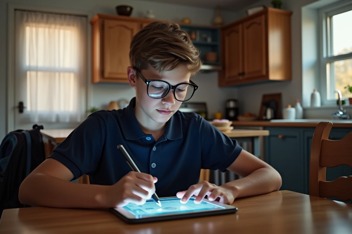 Adolescent consultant son ENT scolaire sur tablette à la maison pour accéder à ses devoirs