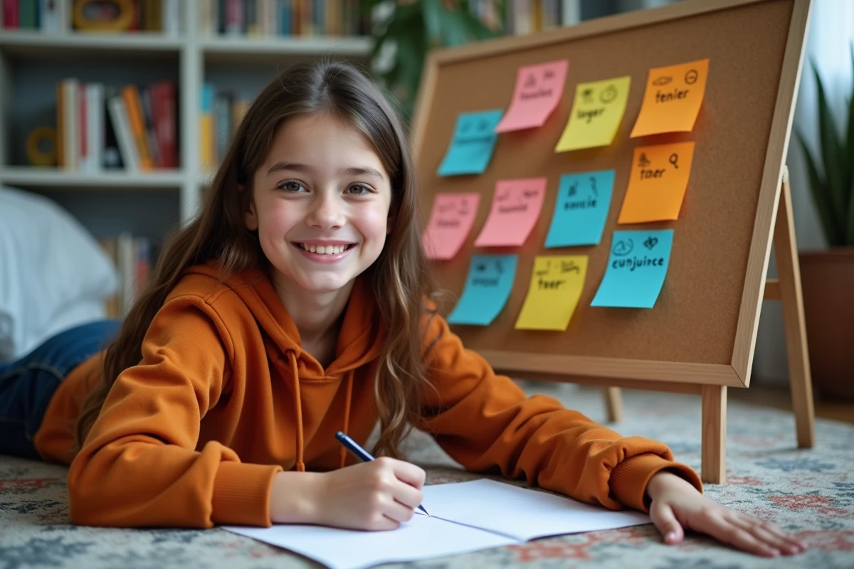 Adolescente utilisant une carte mentale visuelle avec des post-it colorés pour mémoriser la conjugaison du verbe tener au passé simple