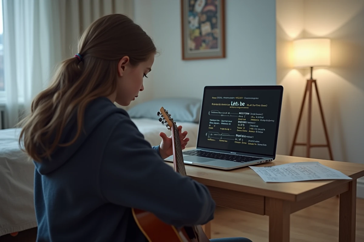 Adolescente regardant ses tablatures de guitare sur un ordinateur
