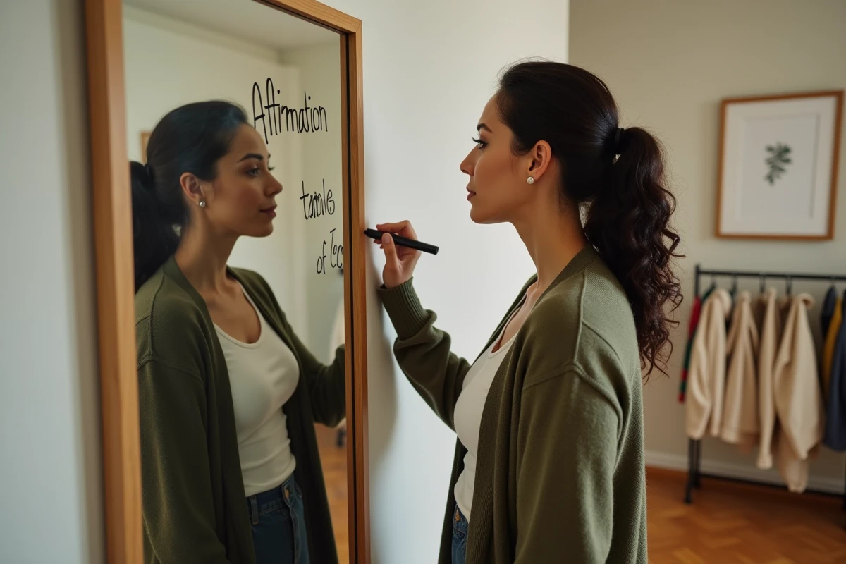 Femme écrivant des affirmations positives sur un miroir dans le cadre d'un travail de développement personnel et de confiance en soi