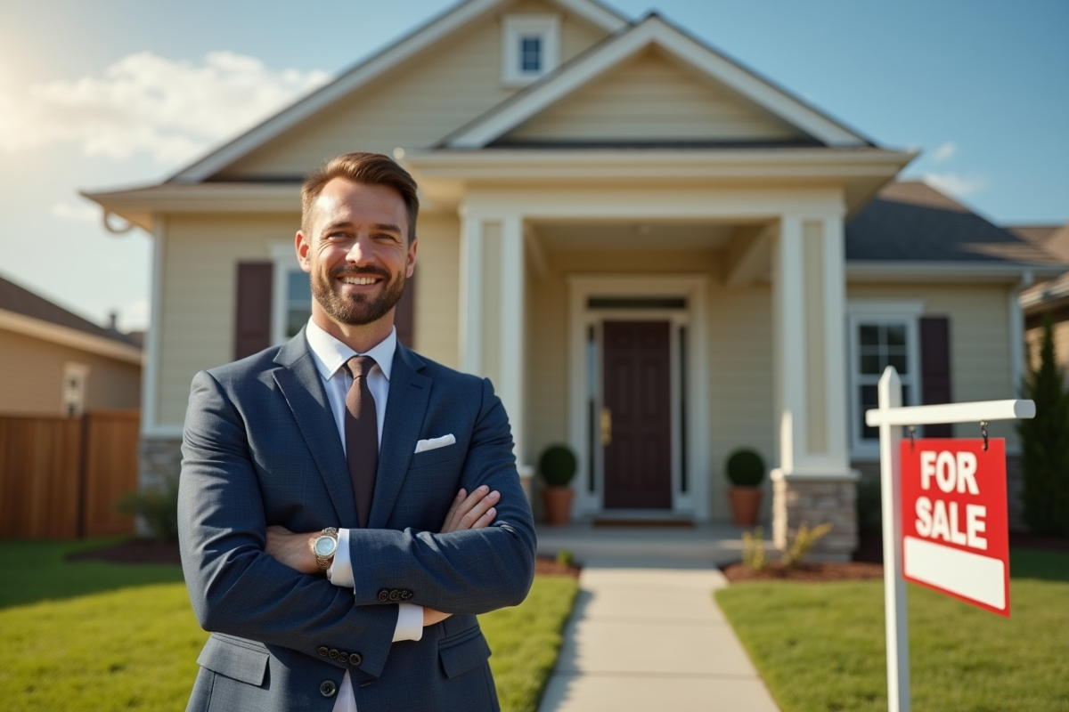 Agent immobilier devant une maison avec panneau a vendre ensoleillee
