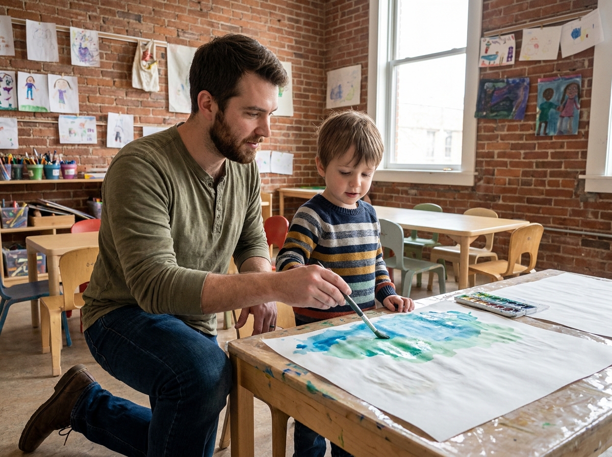 Animateur patient aidant un enfant à peindre à l'aquarelle dans un atelier créatif communautaire