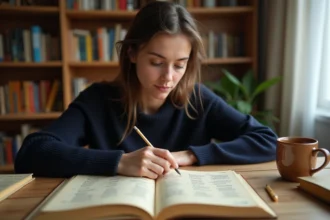 Jeune femme étudiant la conjugaison du verbe tener au passé simple sur un bureau en bois avec des livres de grammaire espagnole