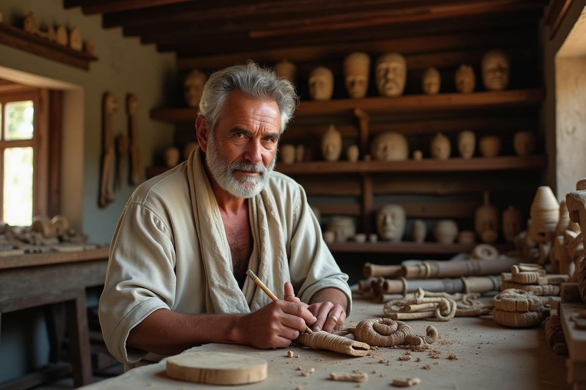 Artisan sculptant un masque en bois dans un atelier lumineux