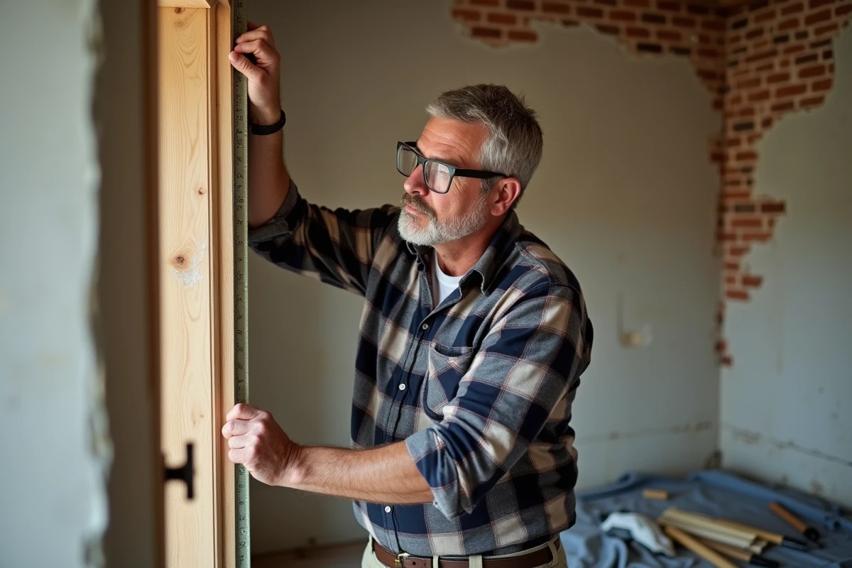 Artisan en formation bricolage mesurant un cadre de porte dans un appartement en rénovation grâce au CPF