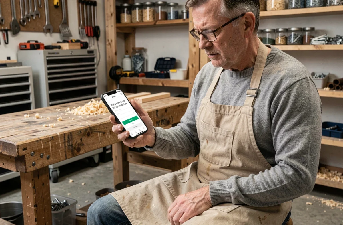 Artisan expérimenté consultant la page d'inscription CoursDuBricoleur sur smartphone dans son atelier garage