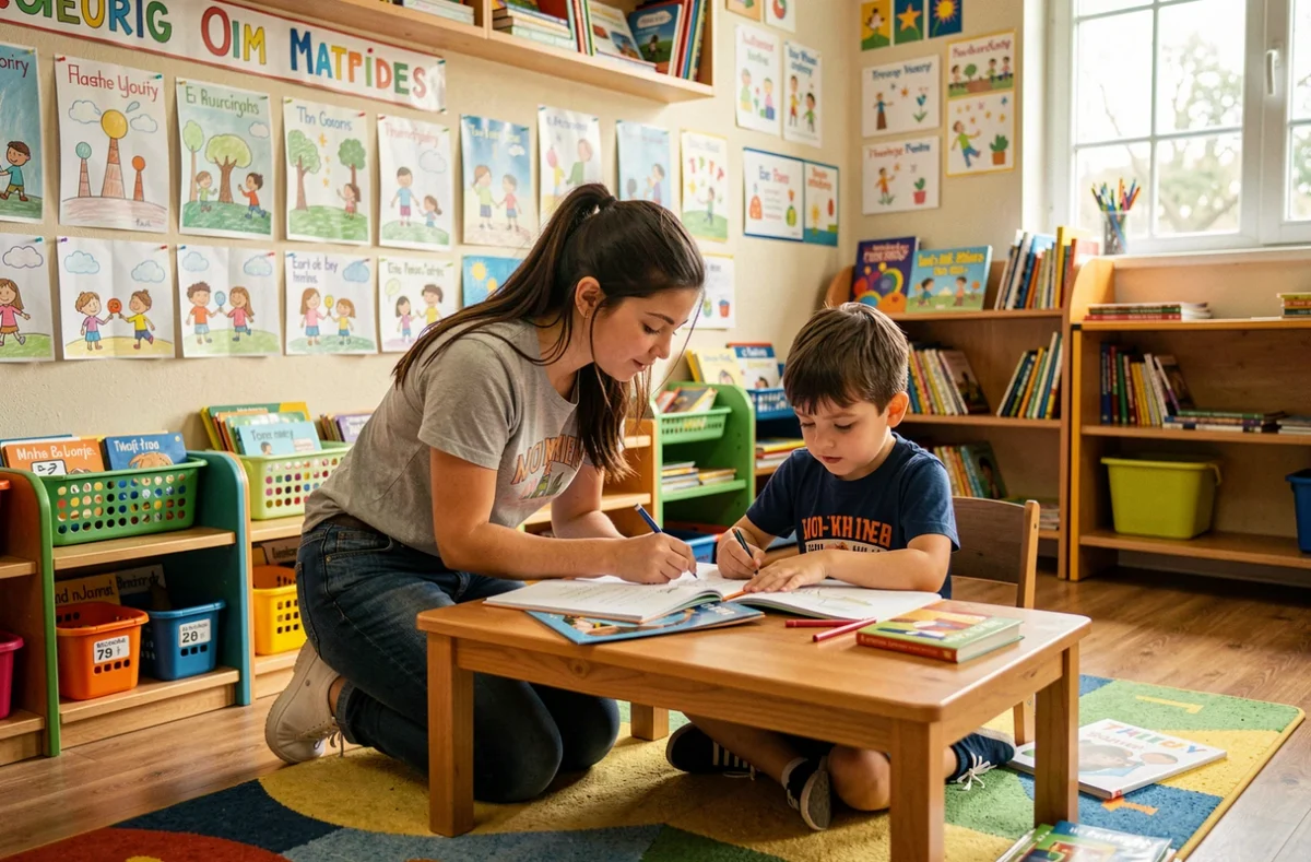 Une bénévole de l'association Educa'Plus aidant un jeune élève à lire dans un espace associatif coloré et accueillant