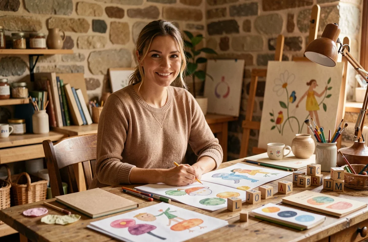 Une tutrice créative dans l'atelier de Lunelea entourée de matériaux pédagogiques artisanaux dans une pièce aux murs en pierre en Normandie