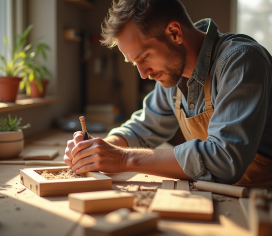 Apprenti assemble une étagère en bois à la maison