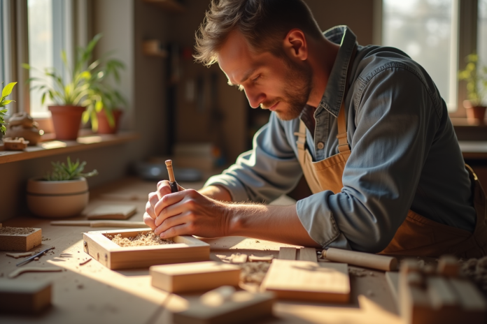 Apprenti assemble une étagère en bois à la maison