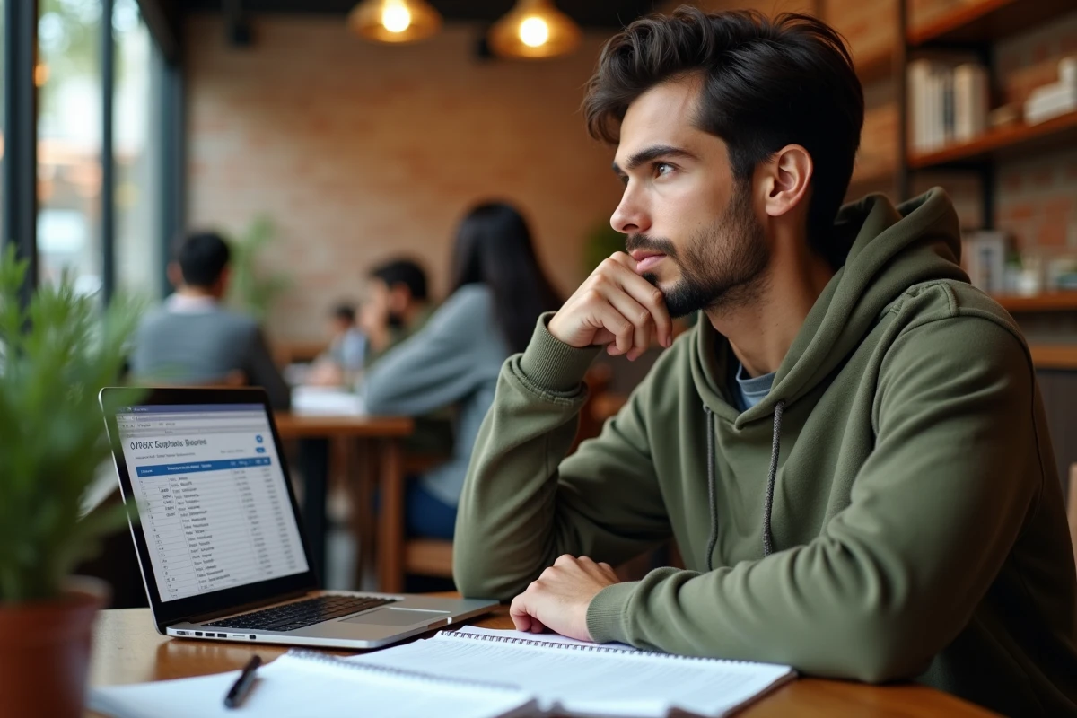 Jeune homme analysant ses résultats de test blanc TOEIC en autonomie dans un café avec un ordinateur portable et des notes