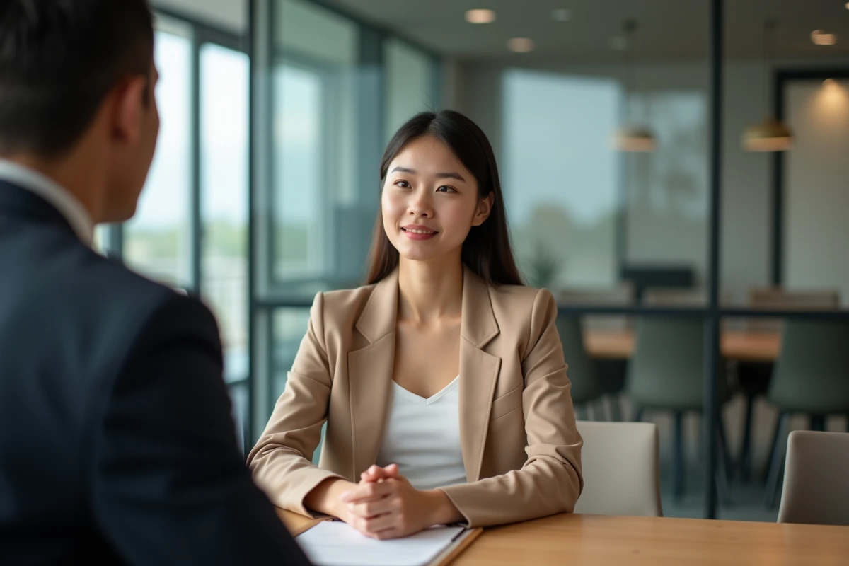Jeune femme titulaire d'un bac STMG lors d'un entretien d'embauche pour un premier emploi bien rémunéré