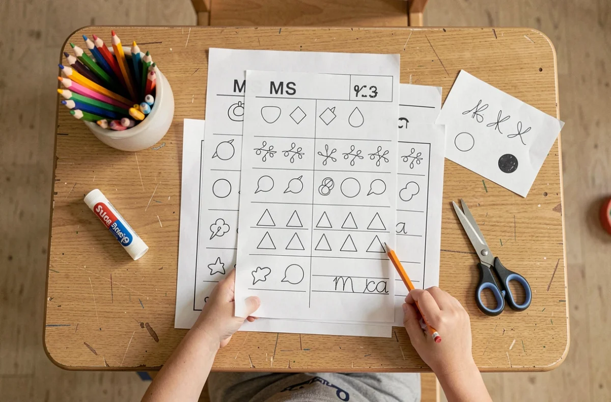 Vue du dessus d'un bureau maternelle avec des fiches d'exercices MS en autonomie et des fournitures scolaires