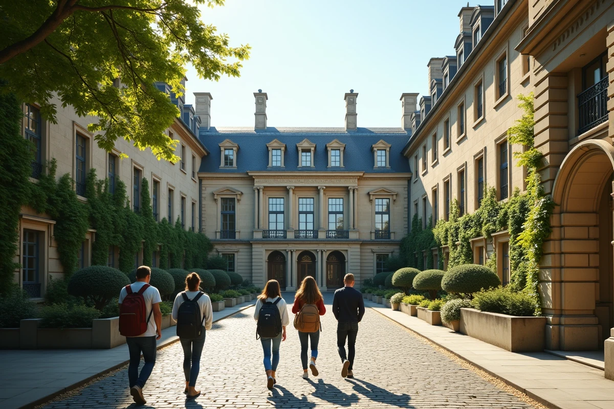 Campus d'une grande école de commerce française avec des étudiants marchant devant la façade néoclassique