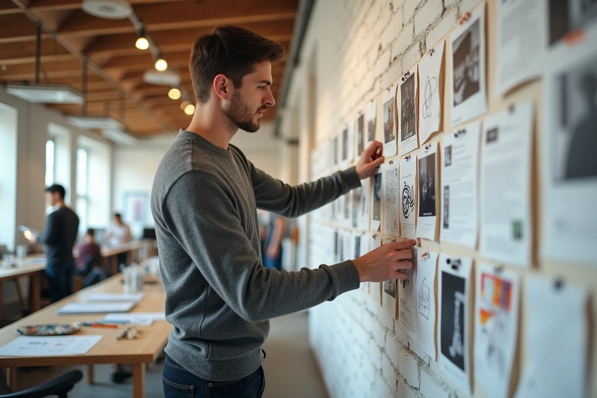 Jeune homme organisant les visuels de son dossier de candidature pour les Gobelins sur un tableau d'affichage