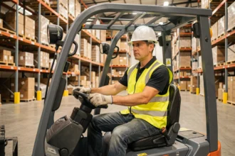 Cariste certifié CACES 1 3 5 manœuvrant un chariot élévateur électrique dans un entrepôt logistique