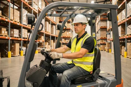 Cariste certifié CACES 1 3 5 manœuvrant un chariot élévateur électrique dans un entrepôt logistique