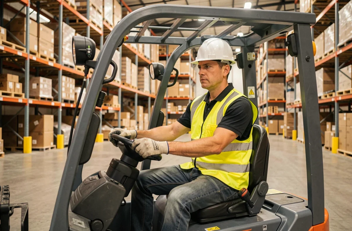 Cariste certifié CACES 1 3 5 manœuvrant un chariot élévateur électrique dans un entrepôt logistique