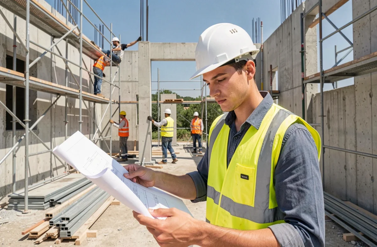 Apprenti du CFA du Bâtiment PACA lisant un plan de construction sur un chantier en Provence dans le cadre des métiers du BTP