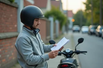Jeune homme avec casque moto étudiant une checklist avant d'acheter une 125 cm3