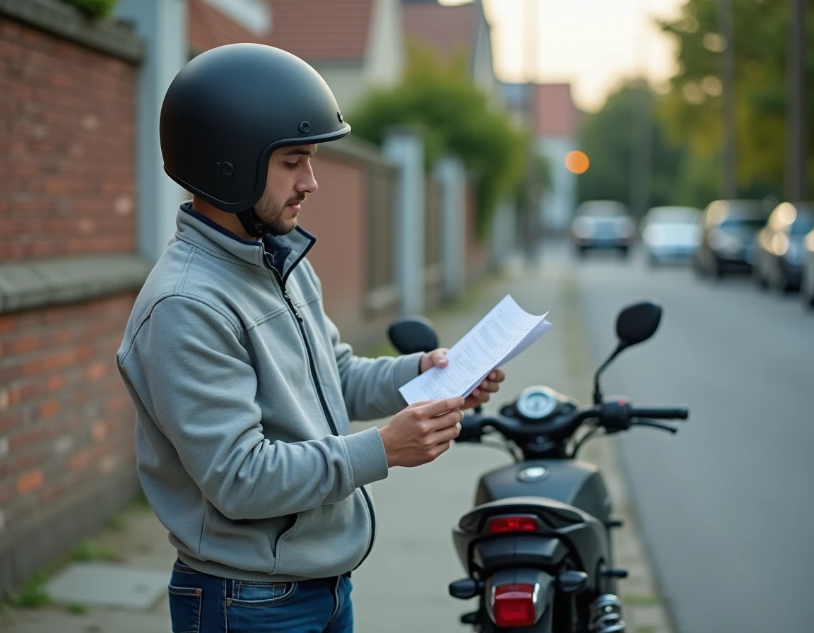 Jeune homme avec casque moto étudiant une checklist avant d'acheter une 125 cm3