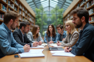 Groupe de chercheurs en discussion dans une bibliothèque universitaire