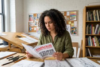 Jeune femme étudiant un catalogue d'école d'illustration dans un atelier de dessin organisé et chaleureux