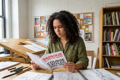 Jeune femme étudiant un catalogue d'école d'illustration dans un atelier de dessin organisé et chaleureux