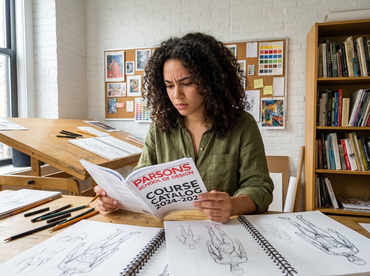 Jeune femme étudiant un catalogue d'école d'illustration dans un atelier de dessin organisé et chaleureux
