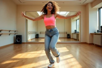 Femme dansant une chorégraphie facile dans un studio de danse avec miroirs, vêtements inspirés des années 80