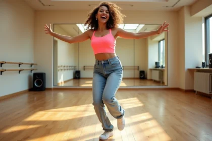 Femme dansant une chorégraphie facile dans un studio de danse avec miroirs, vêtements inspirés des années 80