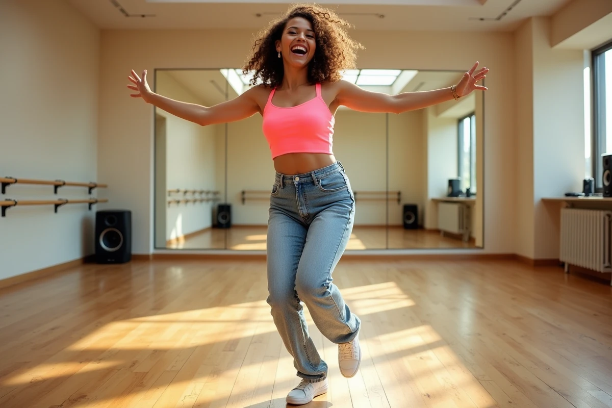 Femme dansant une chorégraphie facile dans un studio de danse avec miroirs, vêtements inspirés des années 80