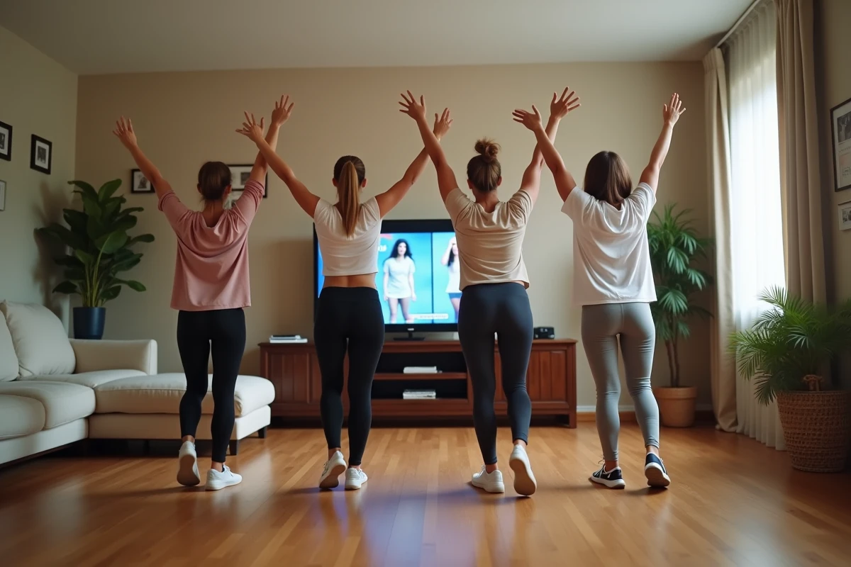 Groupe d'adultes réalisant une chorégraphie synchronisée dans un salon, cours de danse à domicile