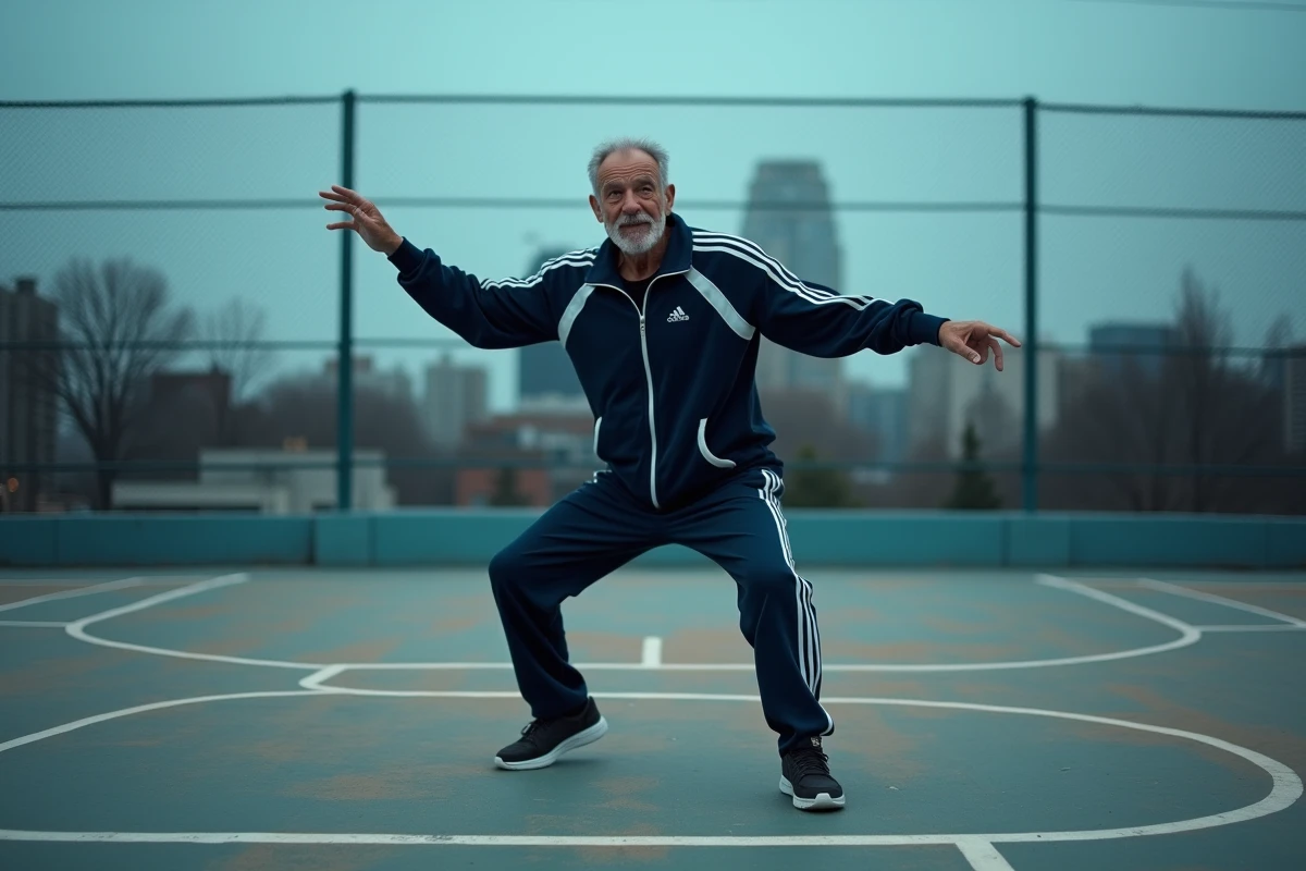 Homme en survêtement rétro années 80 exécutant une chorégraphie classique sur un terrain de basket en plein air