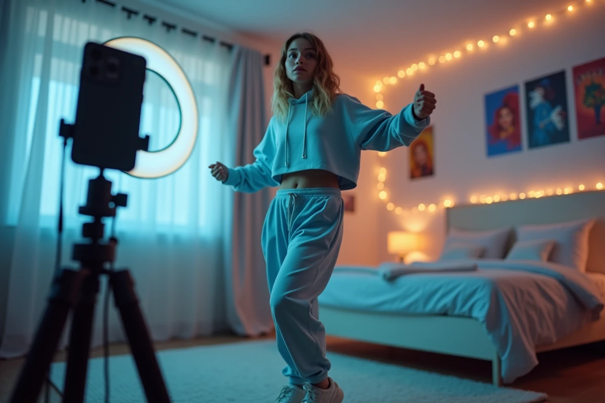 Adolescente filmant une chorégraphie tendance dans sa chambre avec trépied et téléphone, style réseaux sociaux