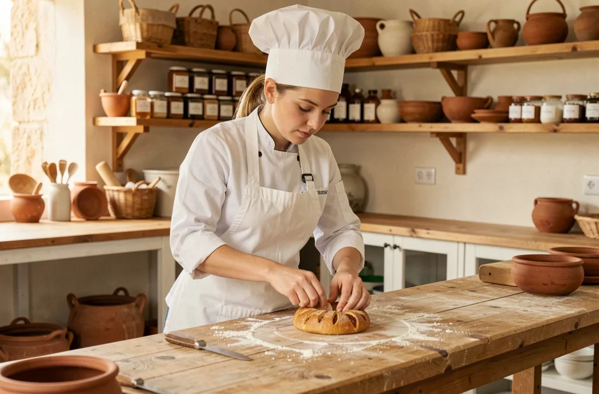 Apprentie en métiers de bouche décorant une pâtisserie artisanale dans la cuisine de formation de CMA Formation Saint-Maximin