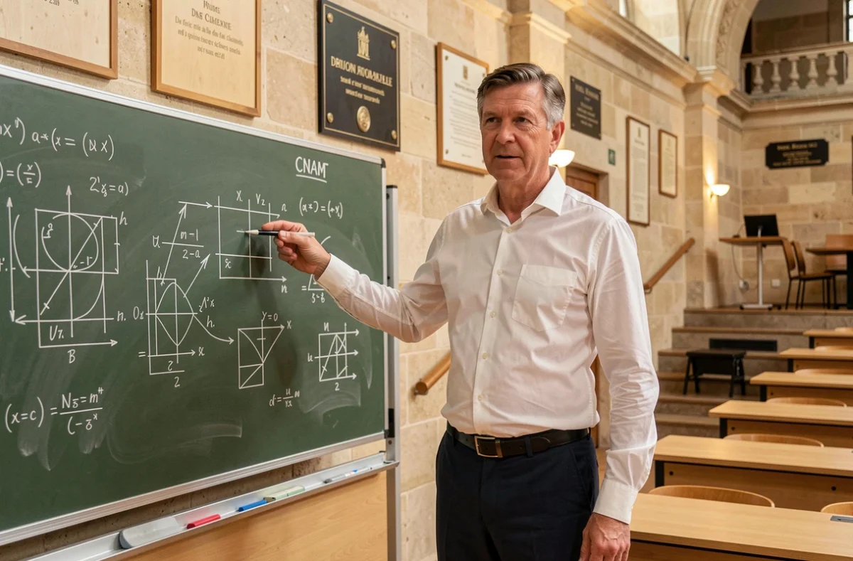 Formateur du CNAM Conservatoire des Arts et Métiers devant un tableau d'ingénierie dans une salle de cours