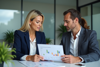 Coach femme en réunion avec une cliente dans un bureau professionnel
