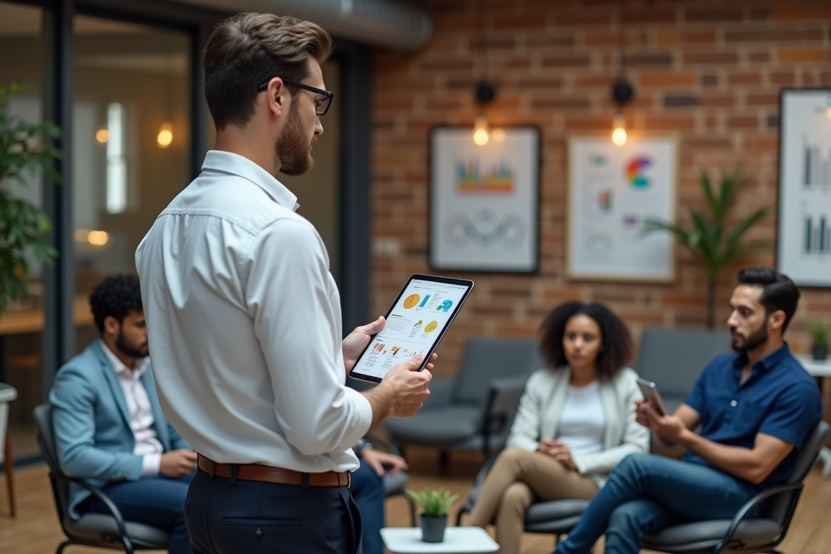 Jeune coach montrant un graphique sur une tablette à un groupe