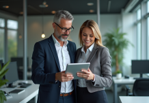 Management : digitalisation en entreprise, définition et enjeux Homme et femme d affaires regardant un tableau digital dans un bureau moderne