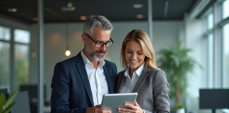 Management : digitalisation en entreprise, définition et enjeux Homme et femme d affaires regardant un tableau digital dans un bureau moderne