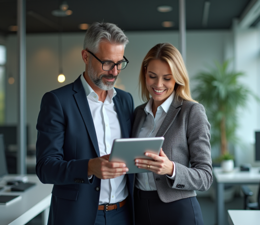 Management : digitalisation en entreprise, définition et enjeux Homme et femme d affaires regardant un tableau digital dans un bureau moderne