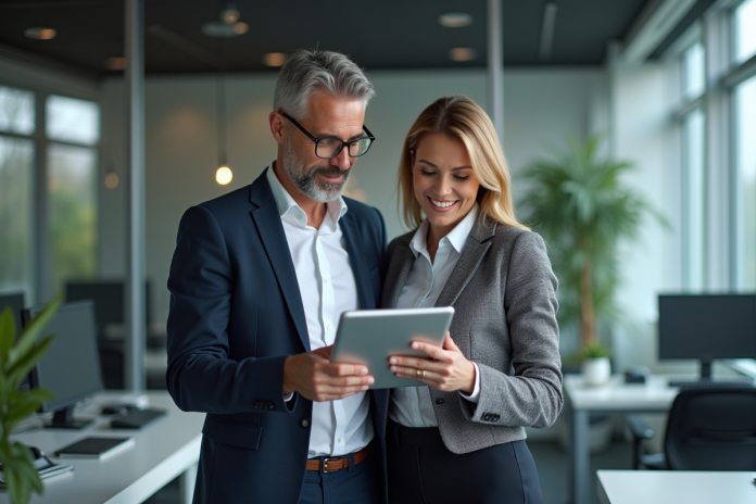 collaborateurs-tablette-digital Homme et femme d affaires regardant un tableau digital dans un bureau moderne
