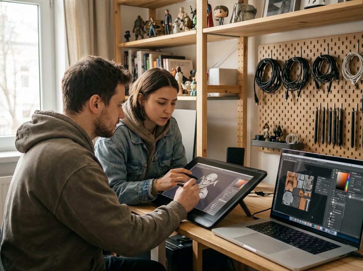 Deux étudiants en animation 3D collaborant sur un logiciel de sculpture numérique et de texturing dans un studio créatif indépendant